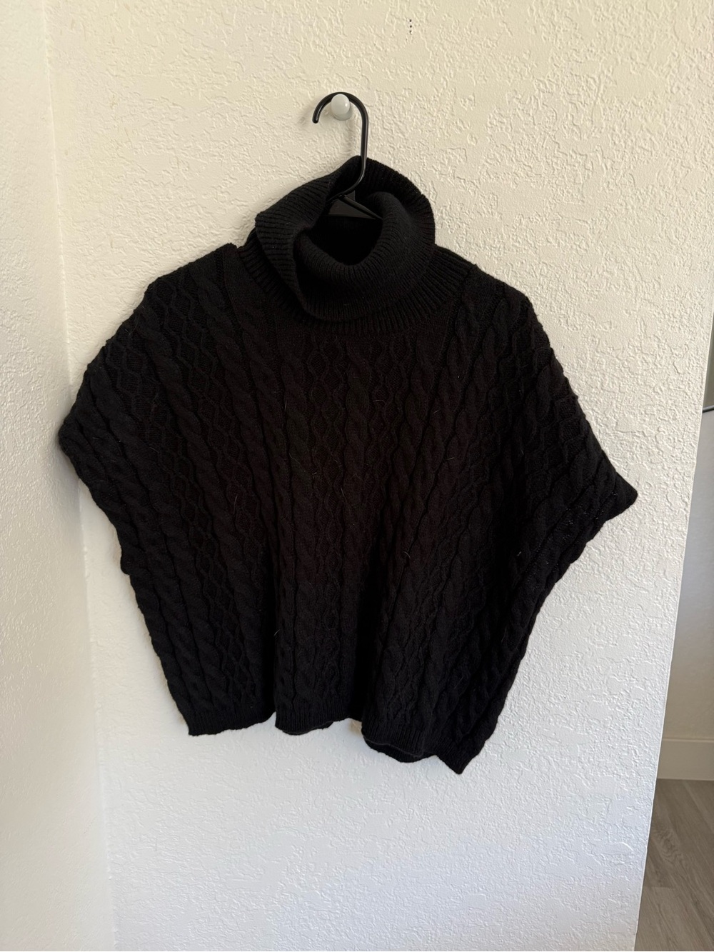 Cozy Black Cable-Knit Turtleneck Poncho Sweater